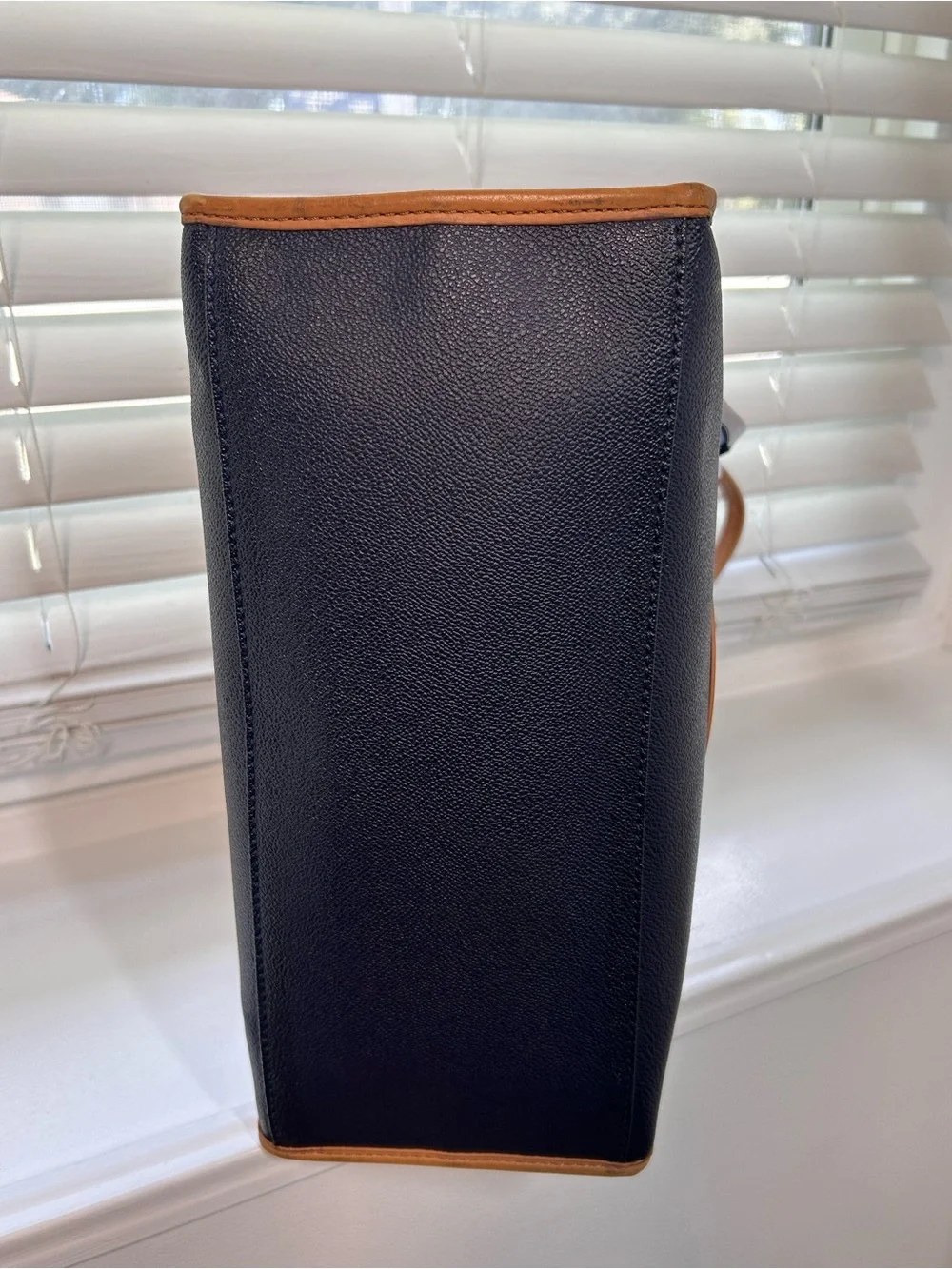 Tory Burch Ella Viva Leather Tote in the distinctive Navy Stripes & Shine design